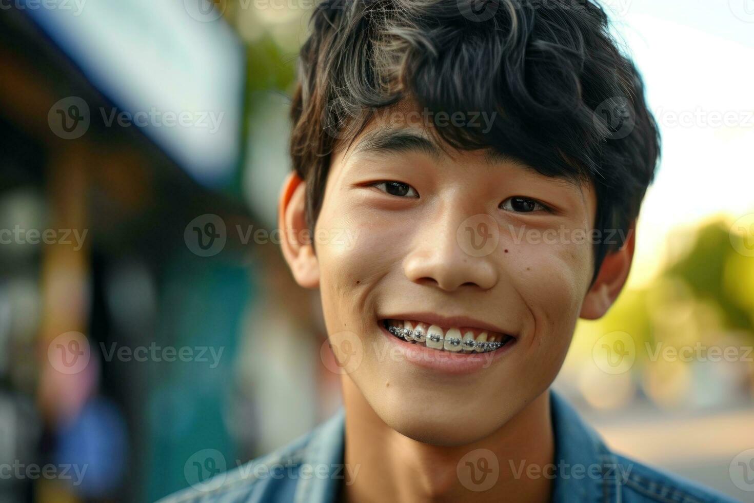 AI generated Teen Asian man with braces smiling mouth close up The concept of modern dentistry. Generative AI photo