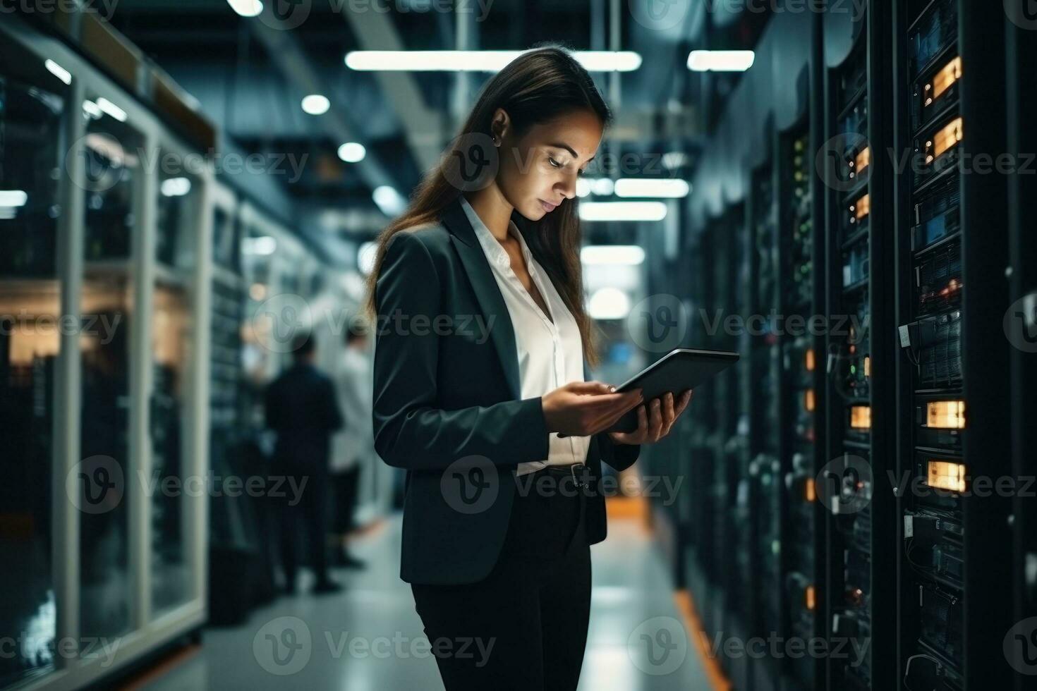 AI generated Full body data center worker woman with tablet. Generative AI photo