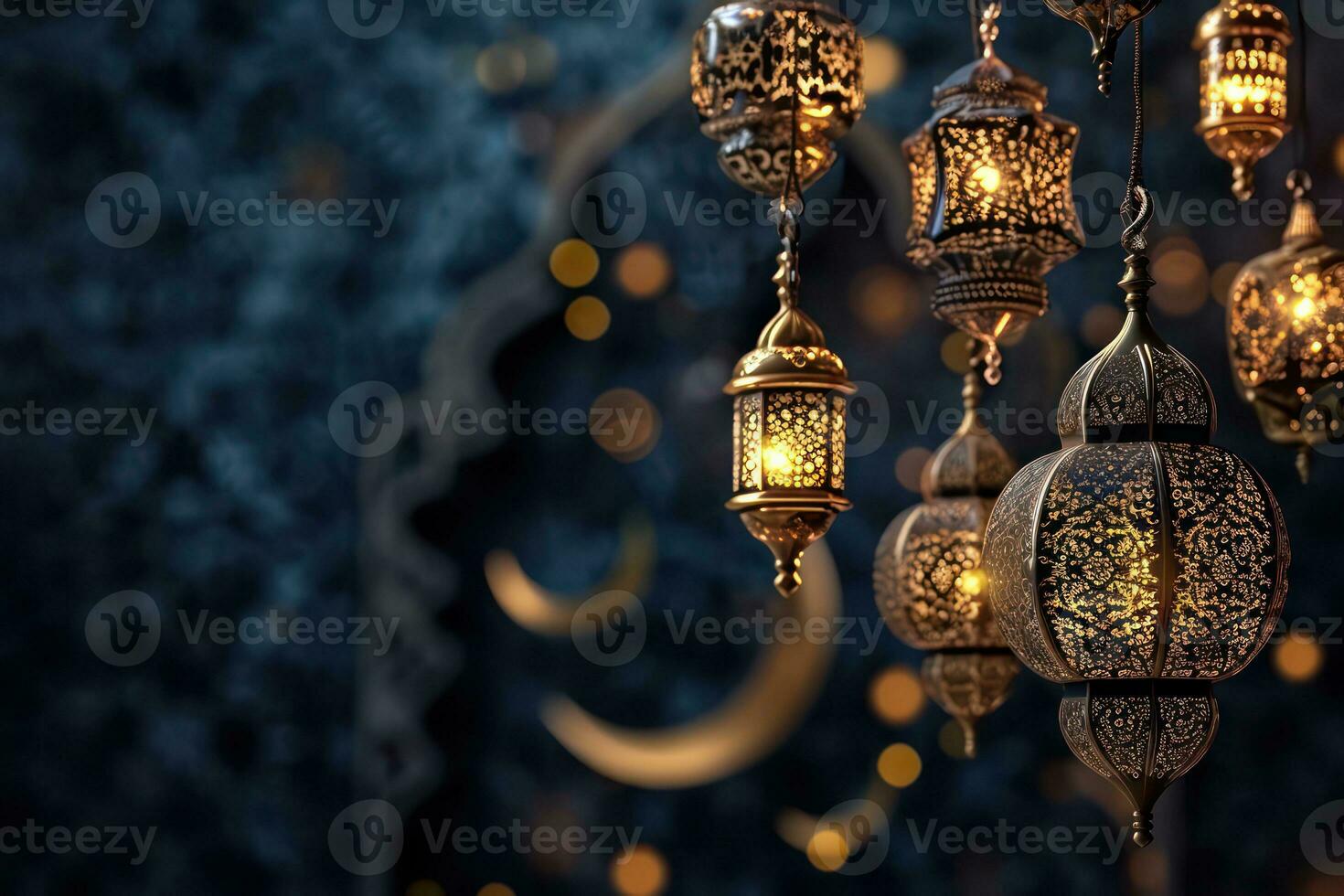 AI generated Ramadan Kareem background with a combination of shining hanging gold lanterns. Generative AI photo