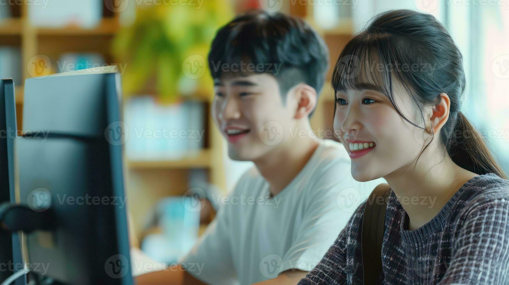 AI generated Asian two couple sitting at a computer. Generative AI photo