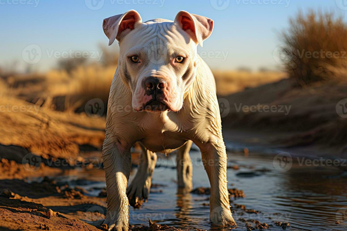AI generated American Bulldog on a nature, close up photo, neutral light. Ai art photo