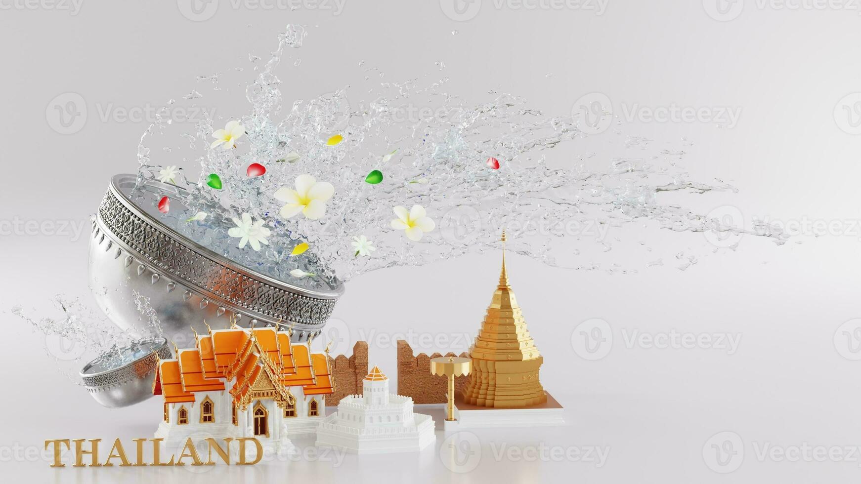 3d rendering illustration background for Songkran festival background in thailand water festival 3d with with blue water splash,thai architecture. photo