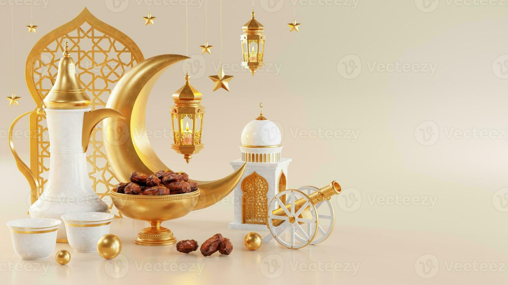 3d Ramadán kareem podio con dorado Luna estrella y linterna, mezquita puerta islámico patrón, Arábica café maceta, fecha palma fruta, podio como lujo islámico antecedentes. decoración para Ramadán kareem foto