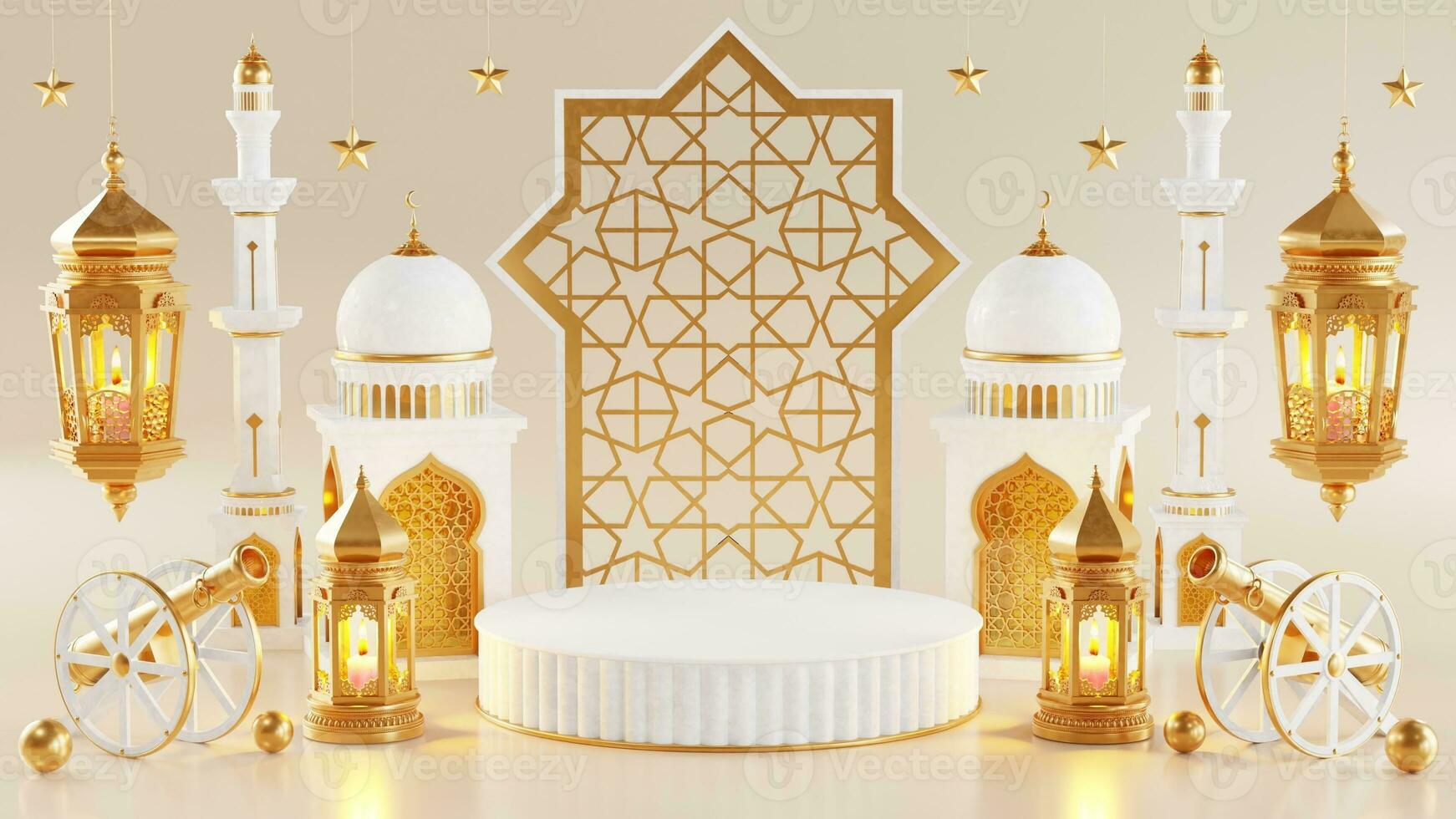 3d Ramadan Kareem podium with golden moon star and lantern, mosque door islamic pattern, arabic coffee pot, date palm fruit, podium as luxury islamic background. decoration for ramadan kareem. photo