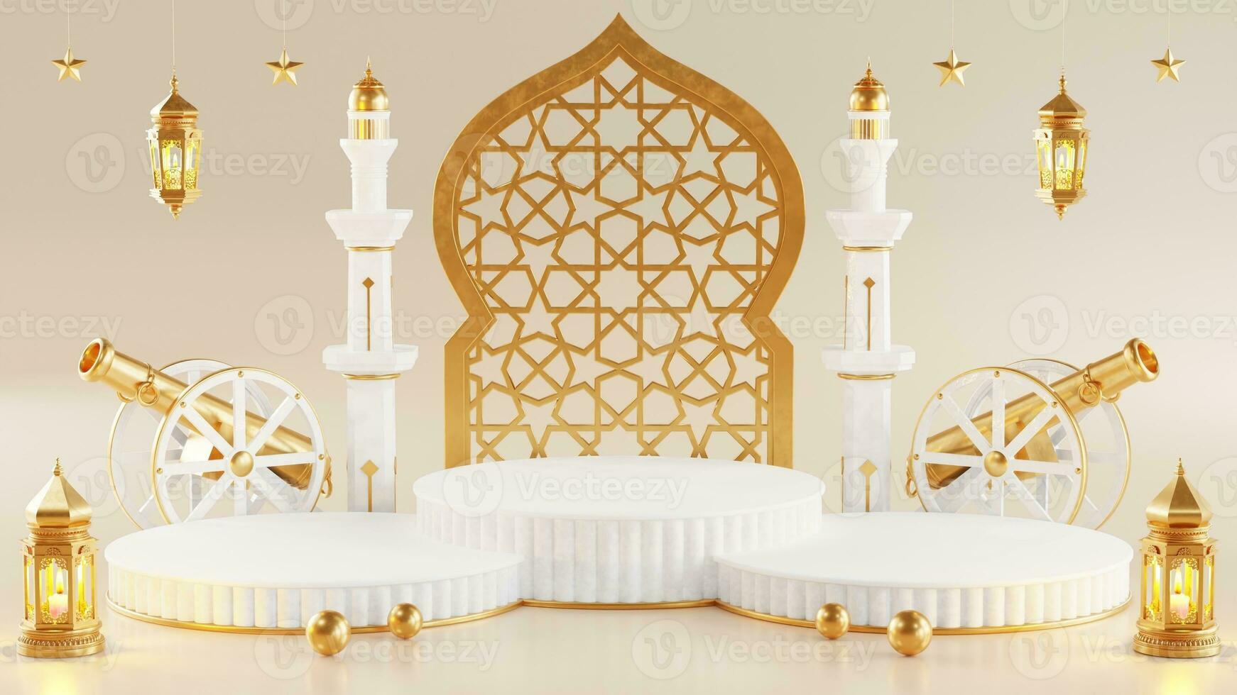 3d Ramadán kareem podio con dorado Luna estrella y linterna, mezquita puerta islámico patrón, Arábica café maceta, fecha palma fruta, podio como lujo islámico antecedentes. decoración para Ramadán kareem foto