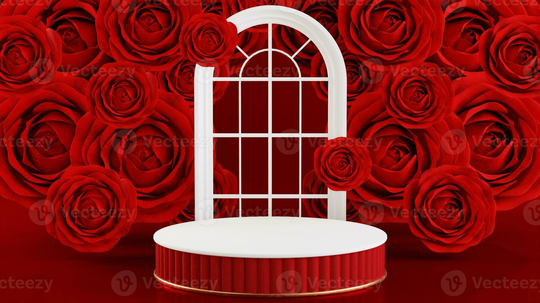 3d render valentine's day with red podium display for product in love, rose and heart with cylinder podium stand to show cosmetic product on background. photo