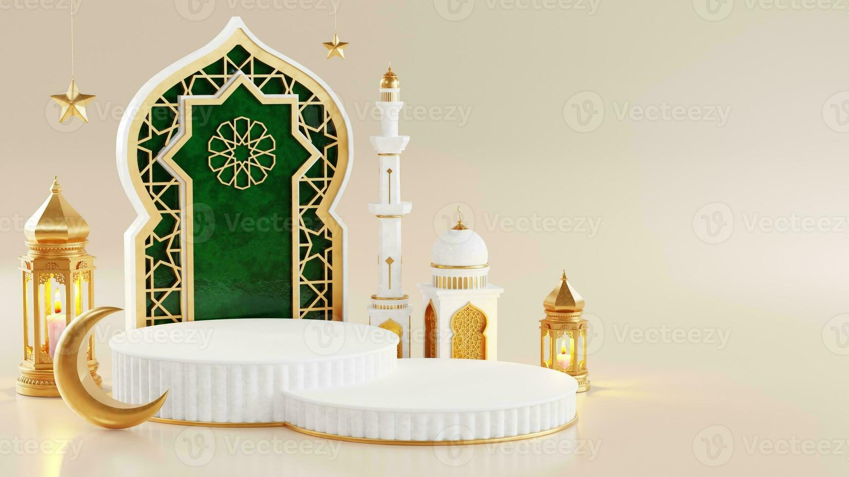 3d Ramadán kareem podio con dorado Luna estrella y linterna, mezquita puerta islámico patrón, Arábica café maceta, fecha palma fruta, podio como lujo islámico antecedentes. decoración para Ramadán kareem foto