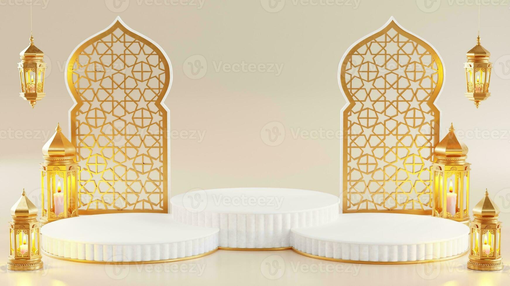 3d Ramadán kareem podio con dorado Luna estrella y linterna, mezquita puerta islámico patrón, Arábica café maceta, fecha palma fruta, podio como lujo islámico antecedentes. decoración para Ramadán kareem foto