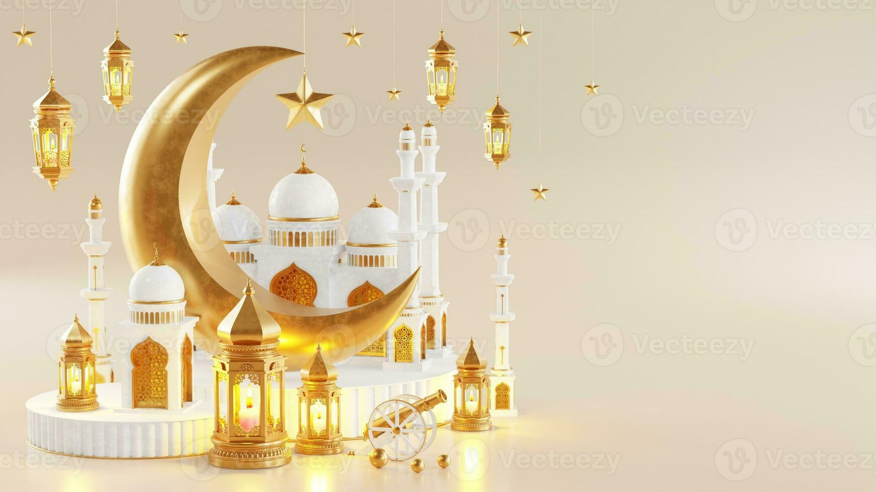 3d Ramadan Kareem podium with golden moon star and lantern, mosque door islamic pattern, arabic coffee pot, date palm fruit, podium as luxury islamic background. decoration for ramadan kareem. photo