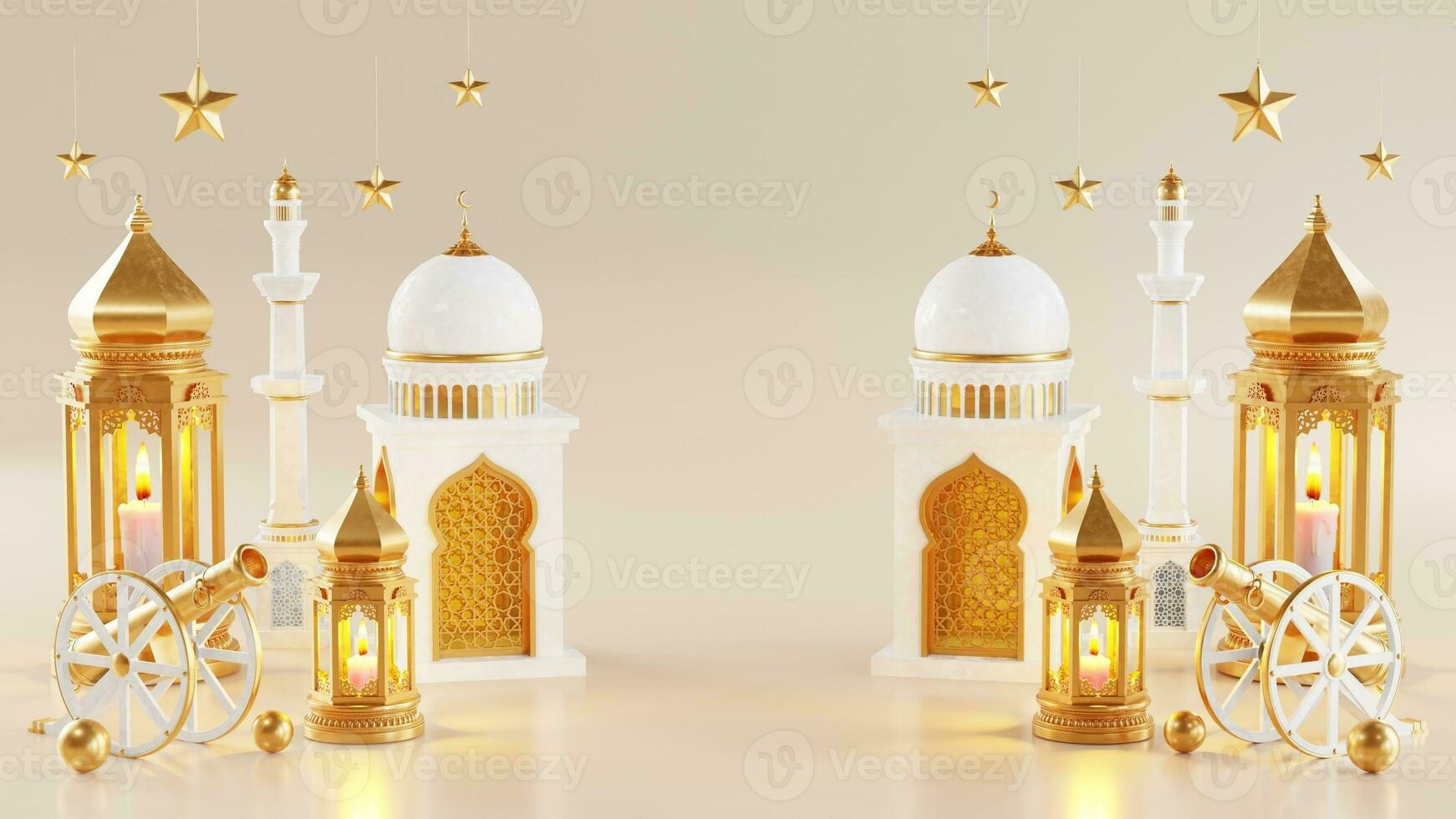 3d Ramadan Kareem podium with golden moon star and lantern, mosque door islamic pattern, arabic coffee pot, date palm fruit, podium as luxury islamic background. decoration for ramadan kareem. photo