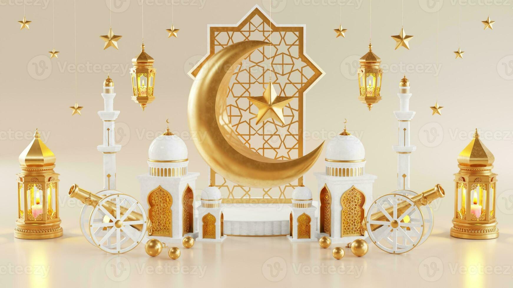 3d Ramadán kareem podio con dorado Luna estrella y linterna, mezquita puerta islámico patrón, Arábica café maceta, fecha palma fruta, podio como lujo islámico antecedentes. decoración para Ramadán kareem foto