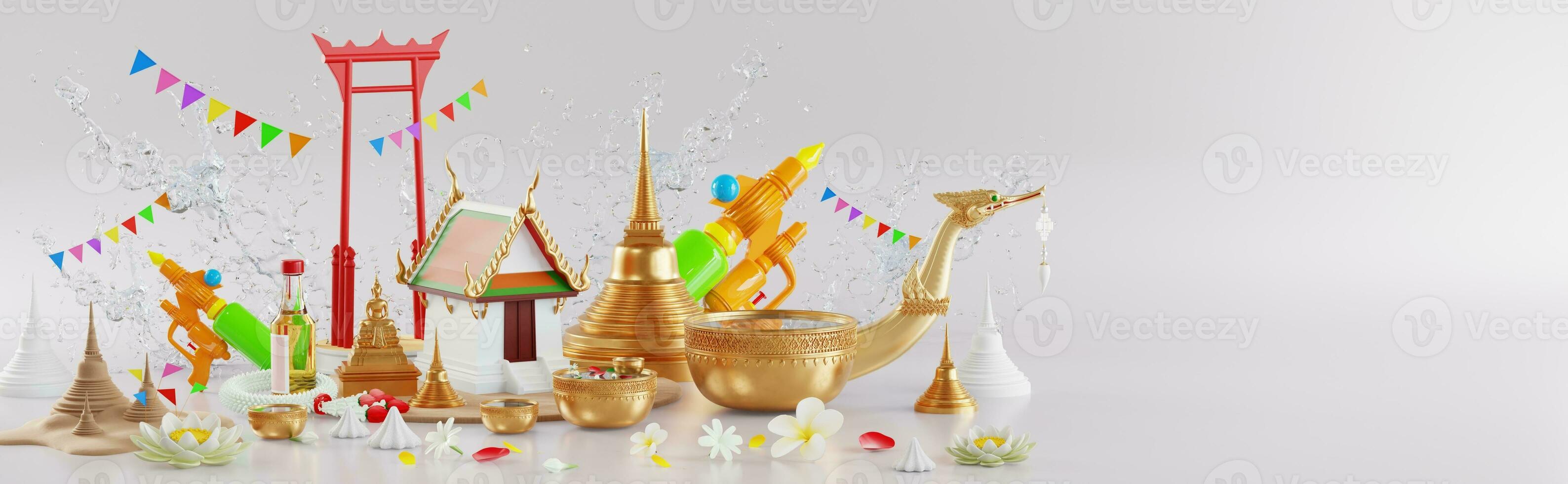 3d rendering illustration background for Songkran festival background in thailand water festival 3d with with blue water splash,thai architecture. photo