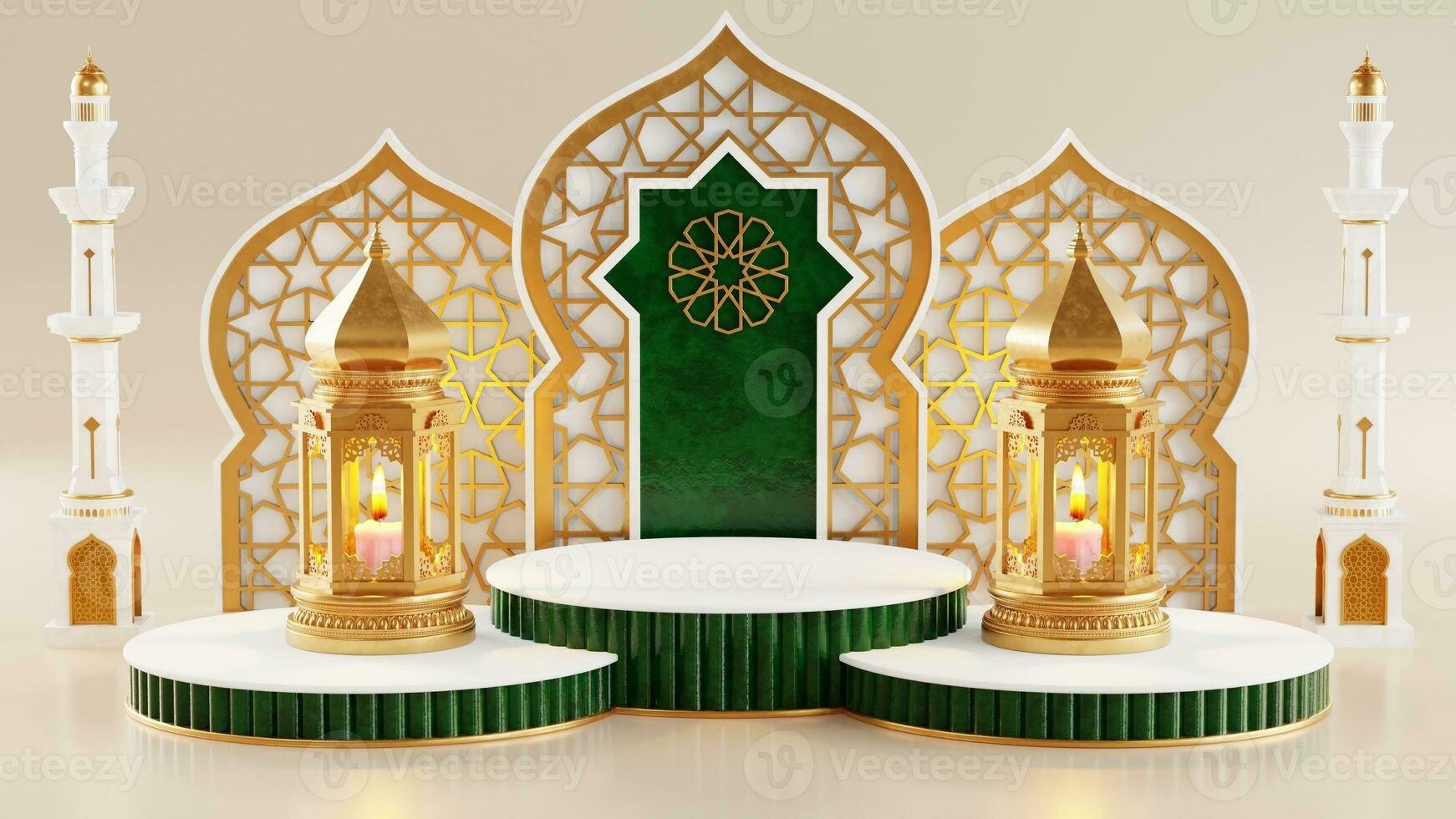 3d Ramadan Kareem podium with golden moon star and lantern, mosque door islamic pattern, arabic coffee pot, date palm fruit, podium as luxury islamic background. decoration for ramadan kareem. photo