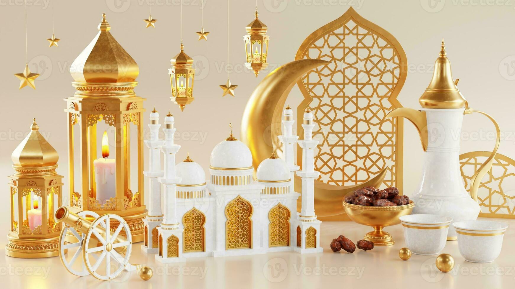 3d Ramadan Kareem podium with golden moon star and lantern, mosque door islamic pattern, arabic coffee pot, date palm fruit, podium as luxury islamic background. decoration for ramadan kareem. photo