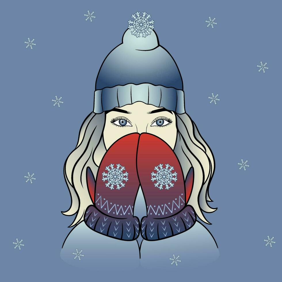 The girl covered her face with her gloved hands. Vector illustration of a young girl in warm winter clothes.