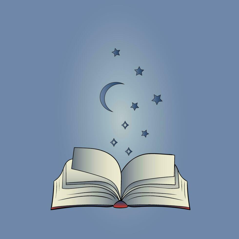 Open book with black soft stars flying out. Isolated on white background. Flat icon. Vector illustration. Magic reading logo.