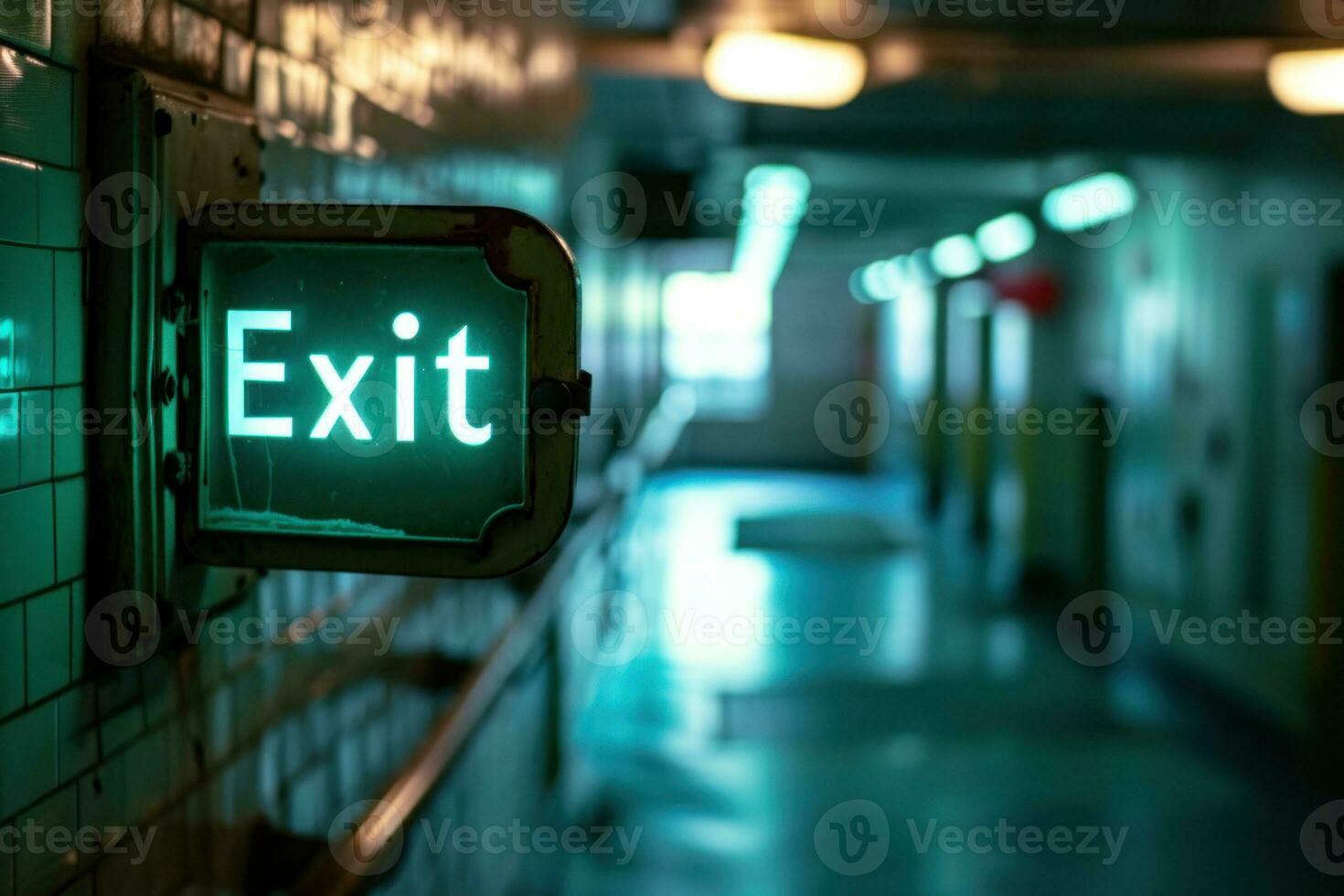 AI generated Exit sign glowing in green. Generative AI photo