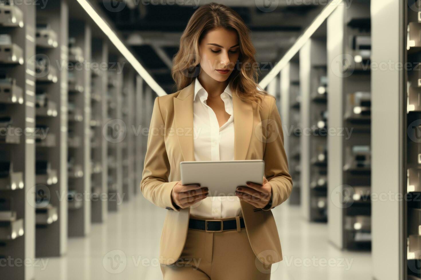 AI generated Full body data center worker woman with tablet. Generative AI photo
