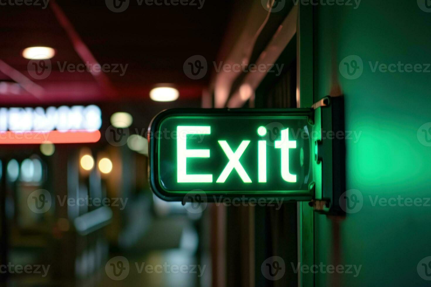 AI generated Exit sign glowing in green. Generative AI photo