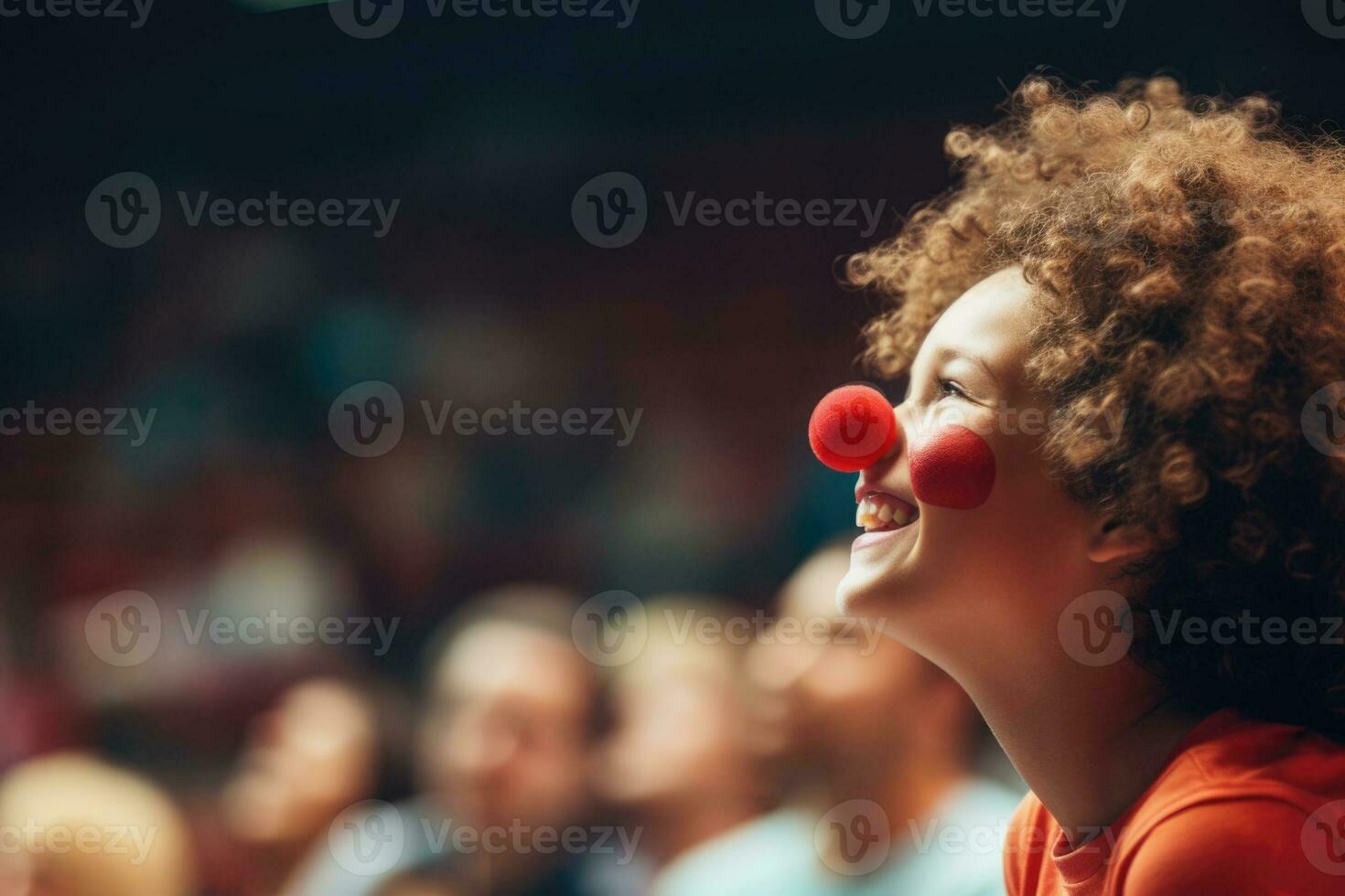 AI generated curly red-haired girl with a clown nose, April 1st, April Fool's Day, funny clown, circus performer photo