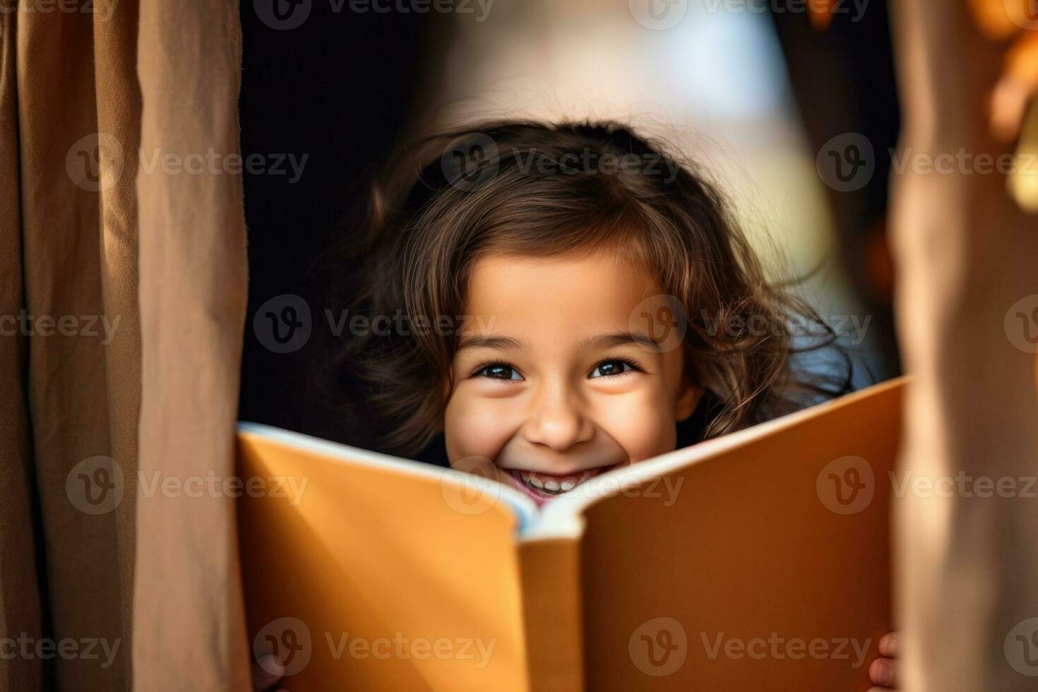 AI generated Funny curly-haired girl peeks out from behind an open book, childrens book day, knowledge day, childrens library photo