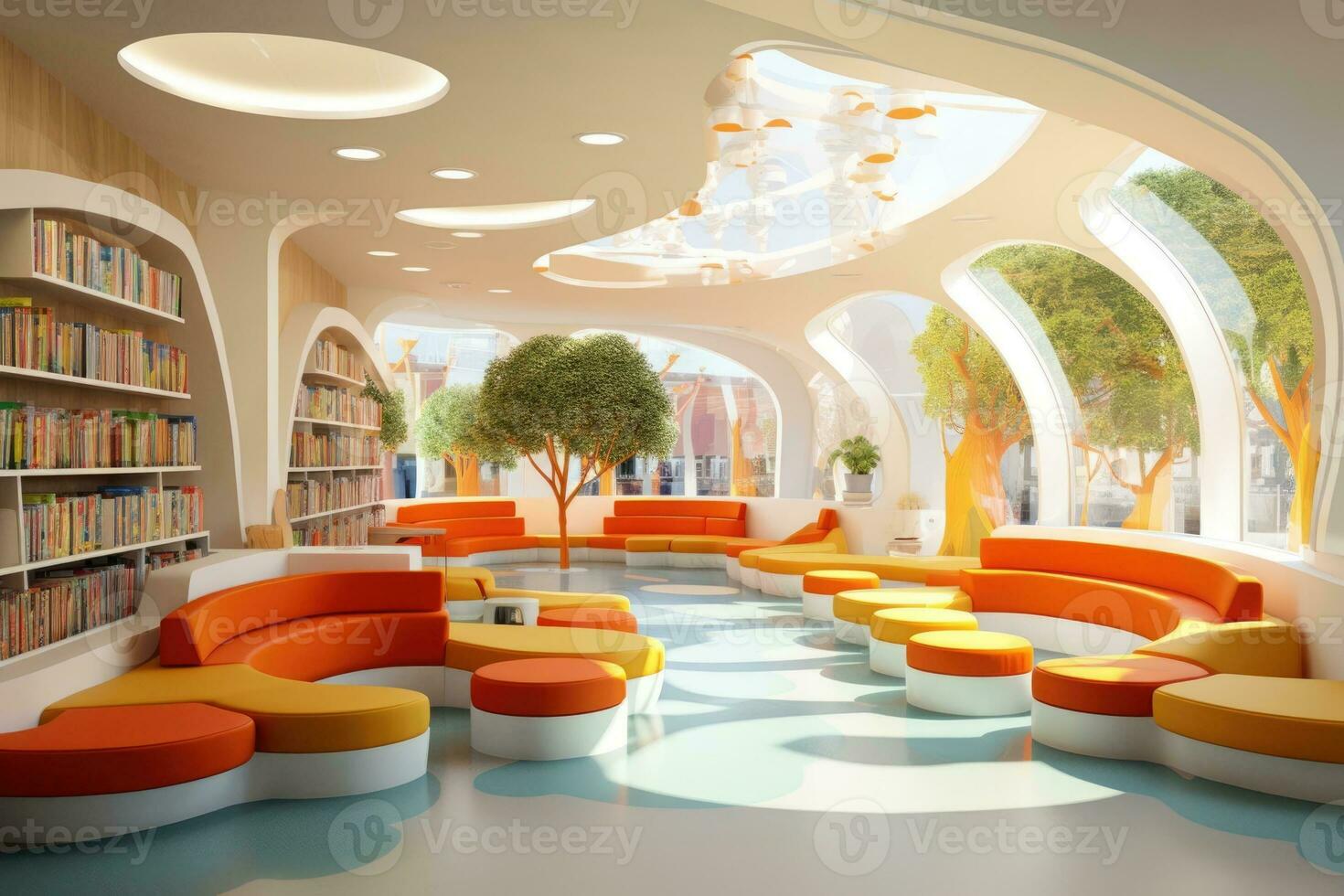 AI generated modern interior of the childrens library, colorful design of the reading room, bright room, kindergarten photo