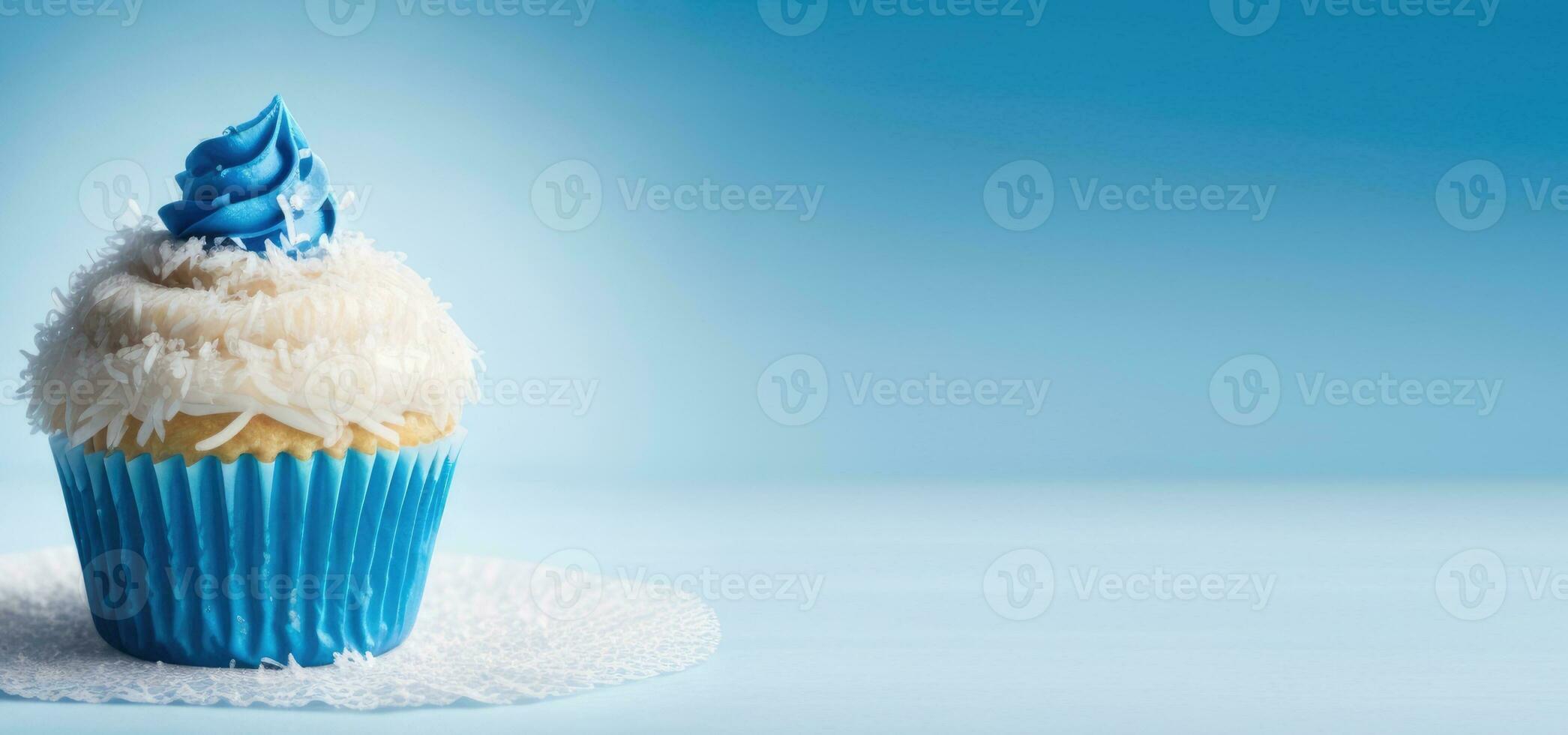 AI generated horizontal banner, cupcake with coconut, homemade cakes, cake with coconut chips, tropical desserts, place for text, blue background photo