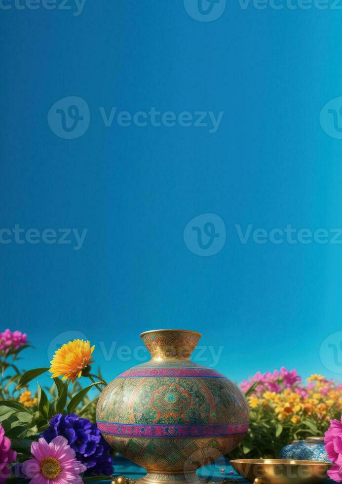 AI generated vertical banner, International Day of Nowruz, traditional decorations, dishes and flowers, place for text photo