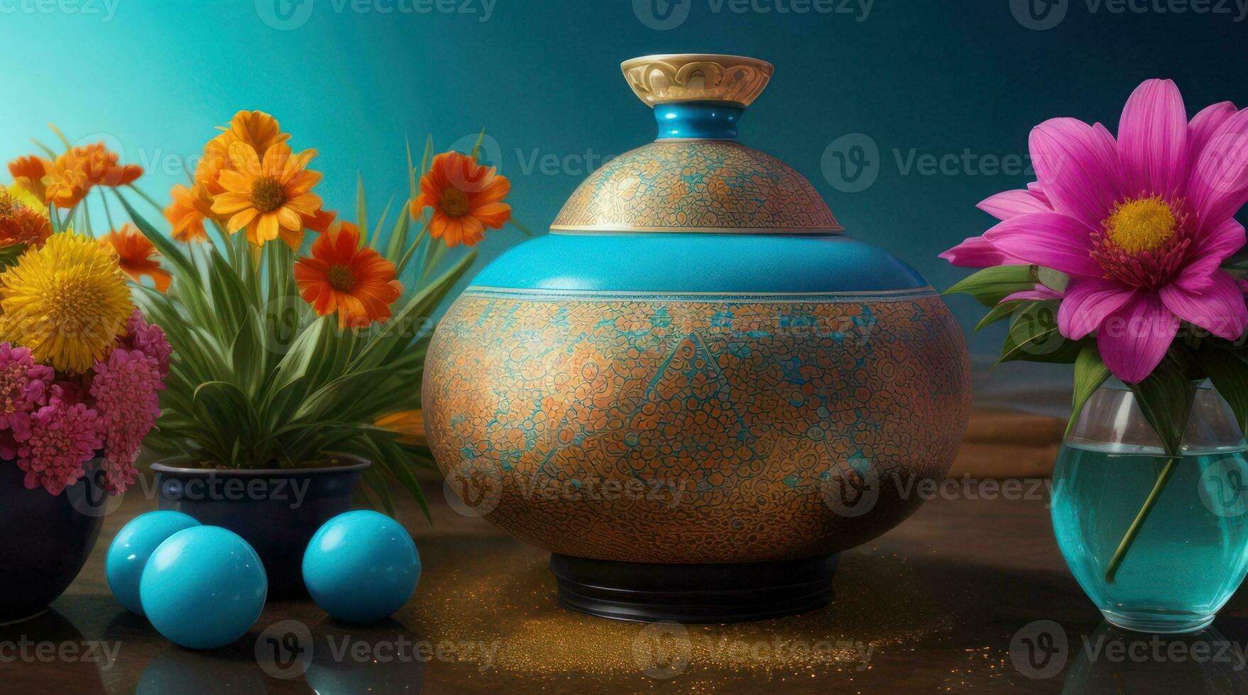 AI generated International Day of Nowruz, traditional decorations, dishes and flowers photo
