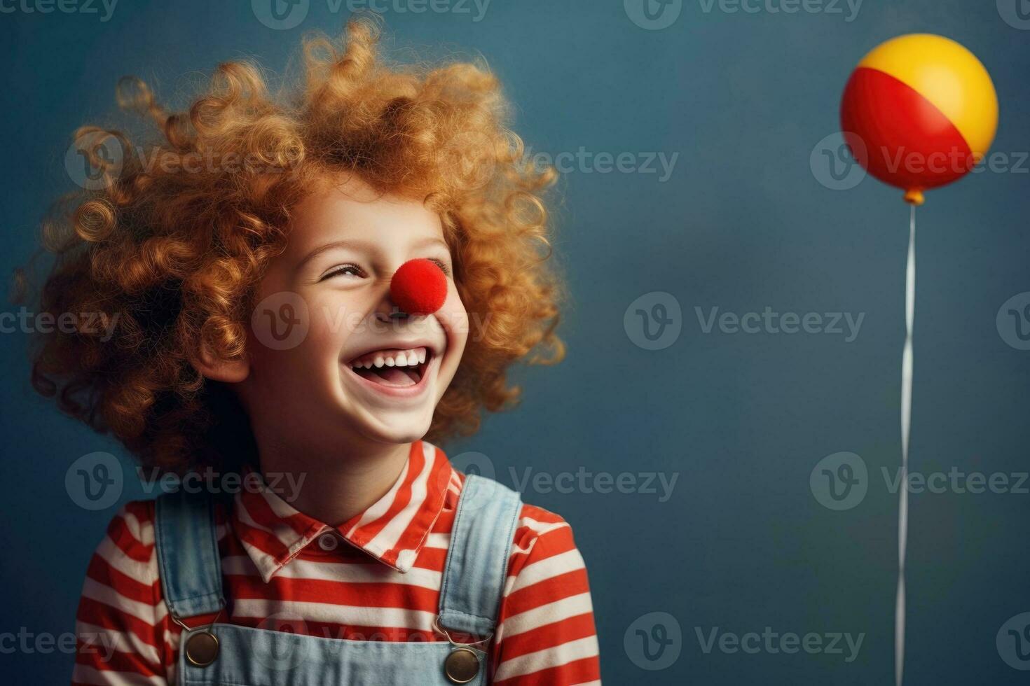 AI generated funny red curly-haired boy, April Fools Day, clown nose, circus performer, childrens Day, big smile and laughter photo