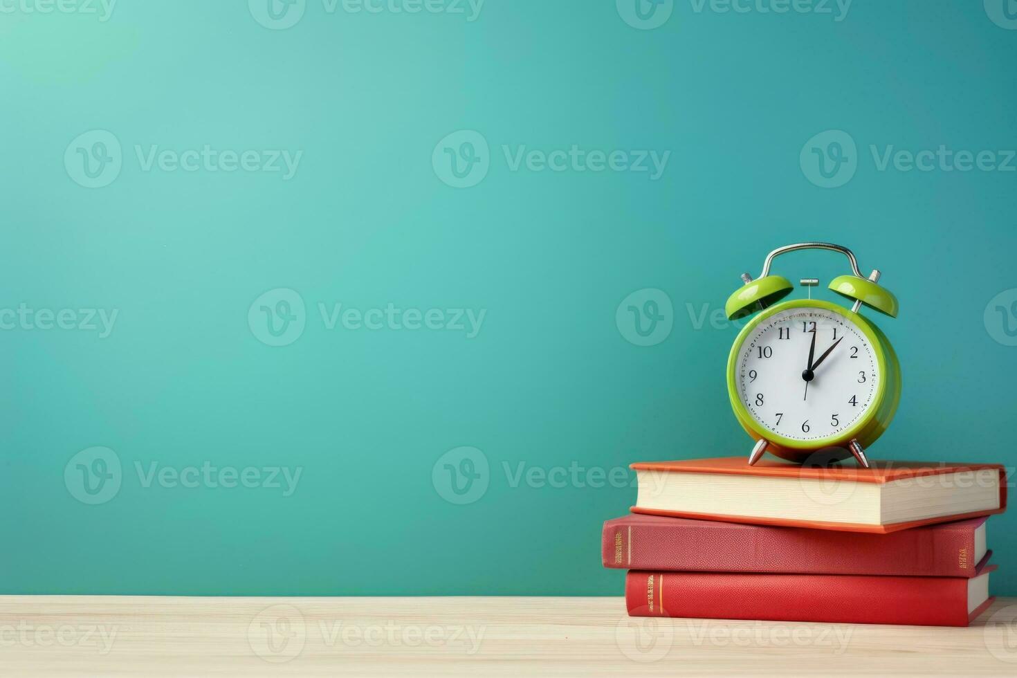 AI generated a horizontal banner, a stack of books and an alarm clock on a blue background, knowledge day, back to school photo