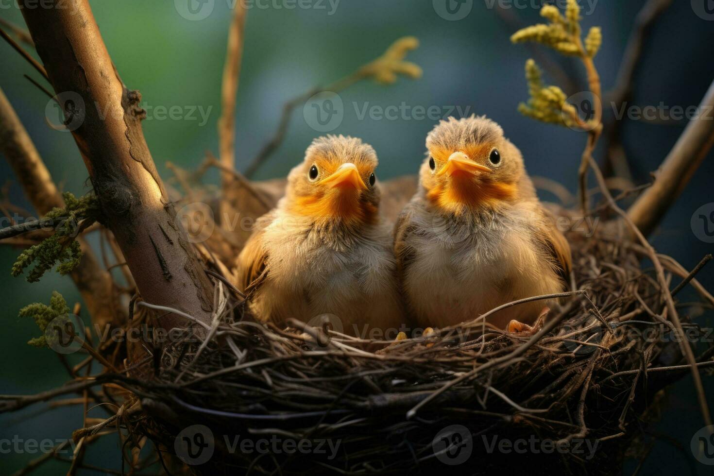 ai generado internacional pájaro día, pequeño polluelos en un nido, un Paja nido en un rama, salvaje aves foto