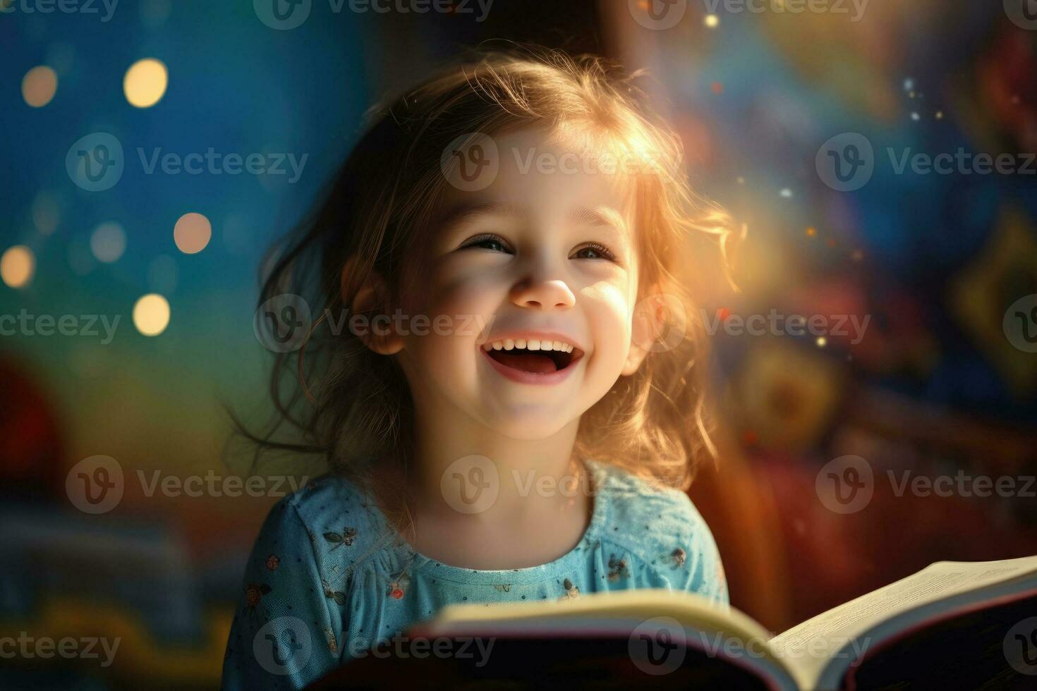 AI generated International Childrens Book Day, a sweet girl reading a book and smiling, a happy child, a magical atmosphere photo