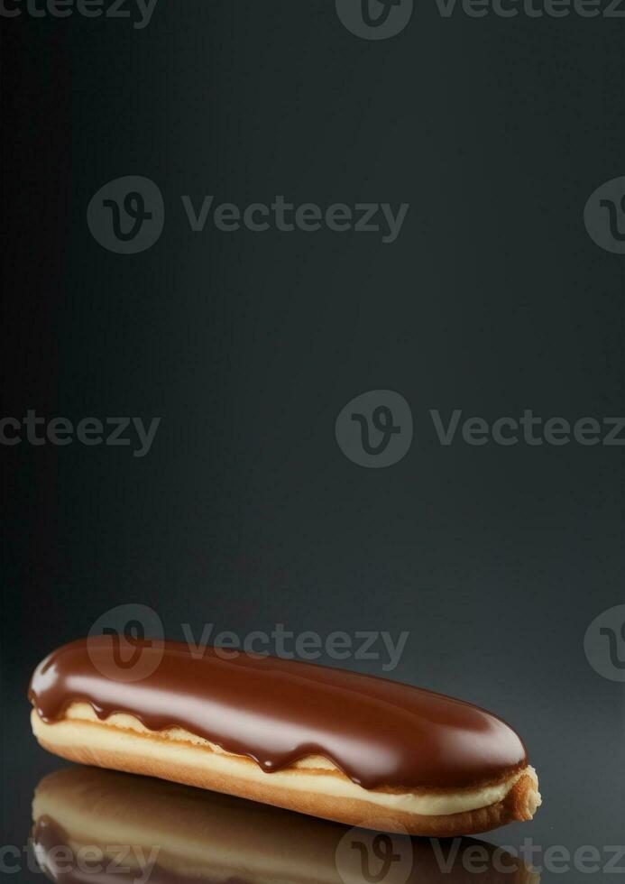 ai generado vertical bandera, clásico chocolate eclair, pasteles y pasteles, oscuro fondo, sitio para texto foto