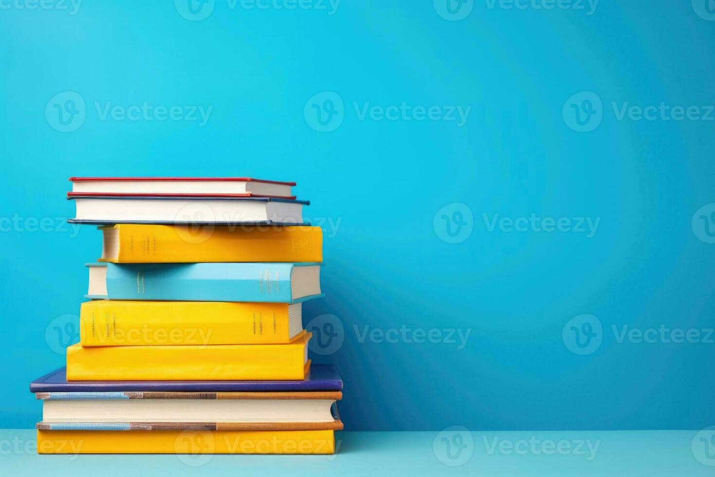 AI generated horizontal banner, stack of books on a blue background, knowledge day, back to school, place for text photo