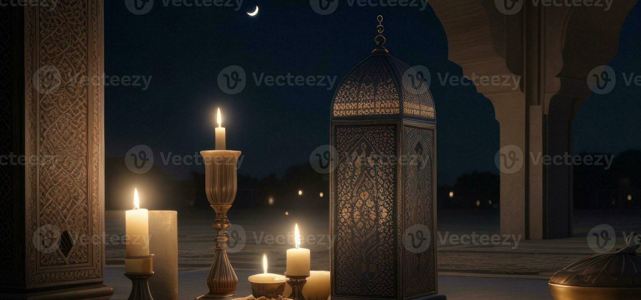 AI generated horizontal banner, holy month of Ramadan, fanus lantern, candles, night in the mosque photo