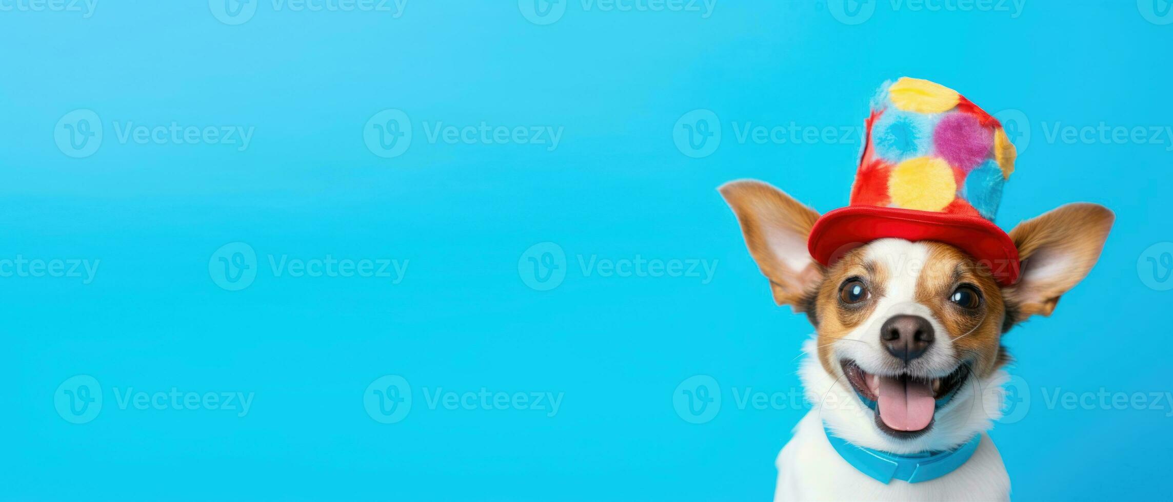 AI generated horizontal banner, funny dog in a clown hat, circus performer, trained animal, smiling pet, place for text photo