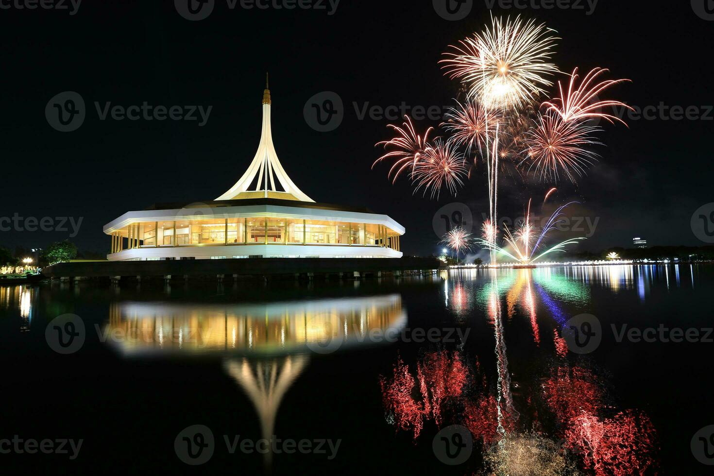 Brightly colorful fireworks in the park on the evening sky background photo