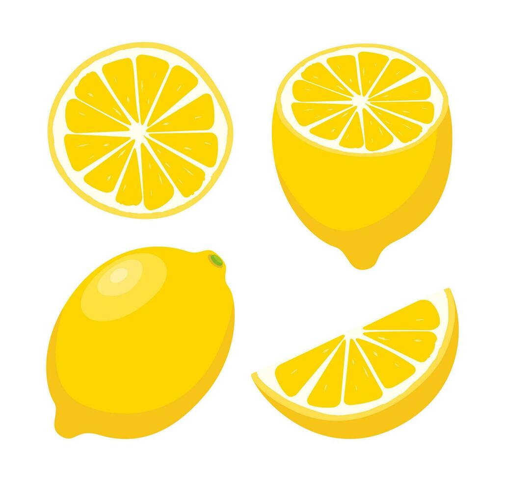 Lemon set. Lemon icons, whole and sliced, isolated on a white background. Lemon logo. Vector illustration.