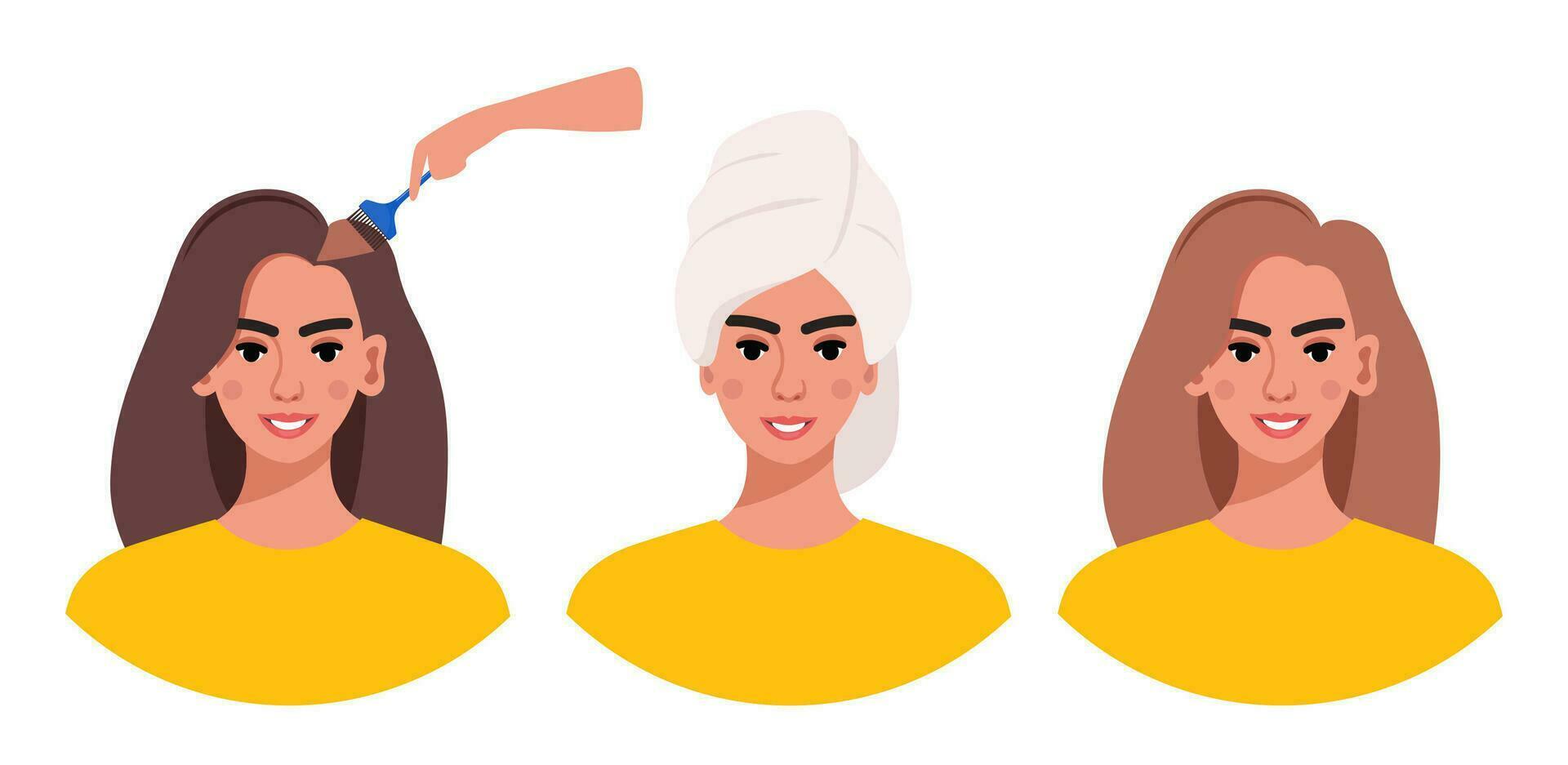 Steps of hair coloring process for woman at home. Brunette changes her hair color to lighter one. Hair lightening. How to dye your hair. Vector illustration.
