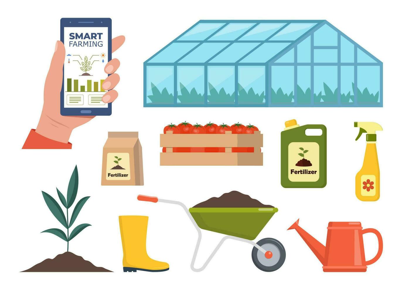Different farm elements. Greenhouse, fertilizers, tractor, cart. Smart farming. Smartphone with app for control plants growing. Vector illustration.
