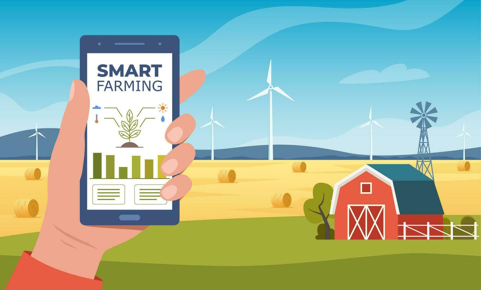 Smart farming, futuristic technologies in farm industry. Smartphone with app for control plants growing, wind mills, agricultural automation. Farm scene with red barn. Rural landscape. Vector. vector