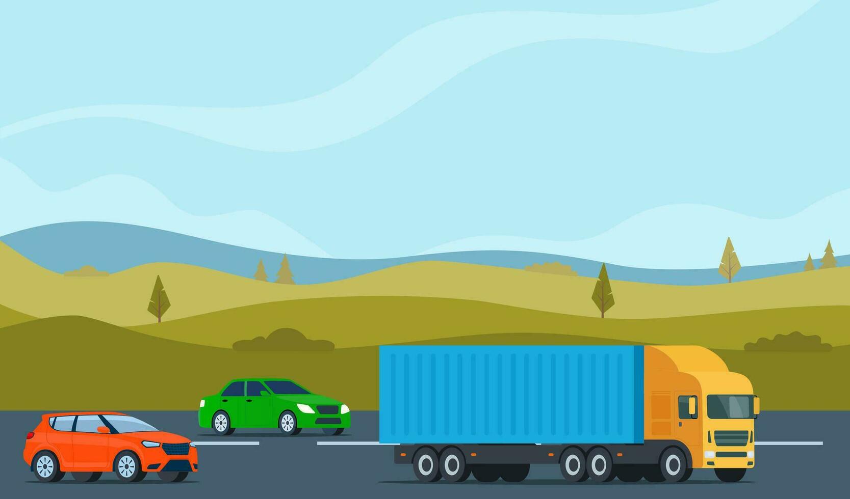Cars and trucks driving on a highway. Traffic concept. Landscape with a highway, mountains, clouds in the blue sky. Vector illustration.
