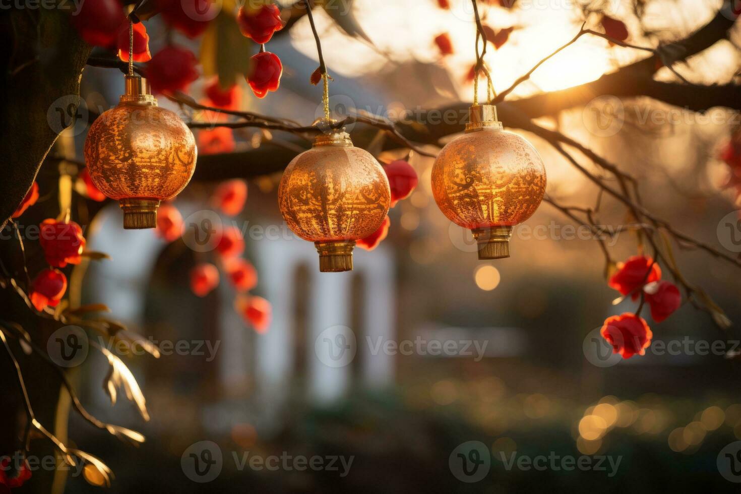AI generated A serene scene of Chinese New Year with red lanterns, adorned with gold patterns and red tassels, hanging from a tree branch. photo
