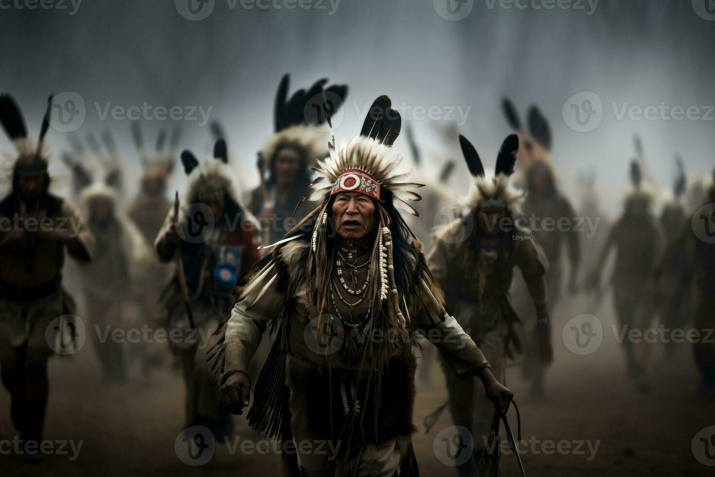 AI generated Native Americans warriors performing traditional war dances, illustrating their cultural significance and skill. photo