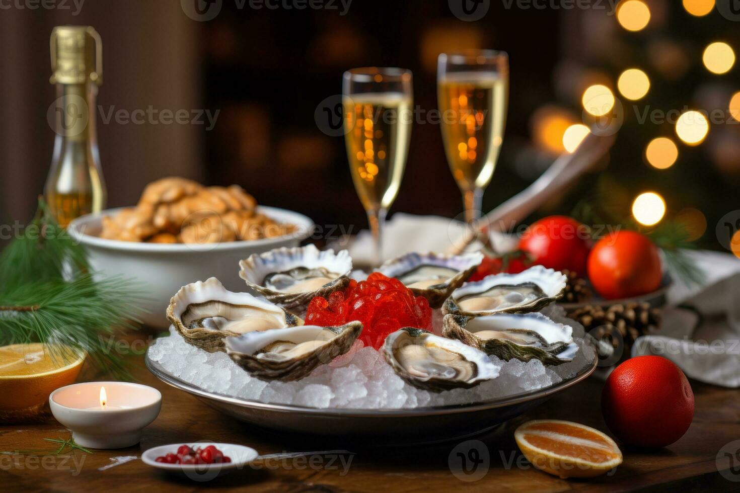AI generated Fresh oysters on ice, adorned with Christmas decorations, set on an elegantly decorated holiday table photo