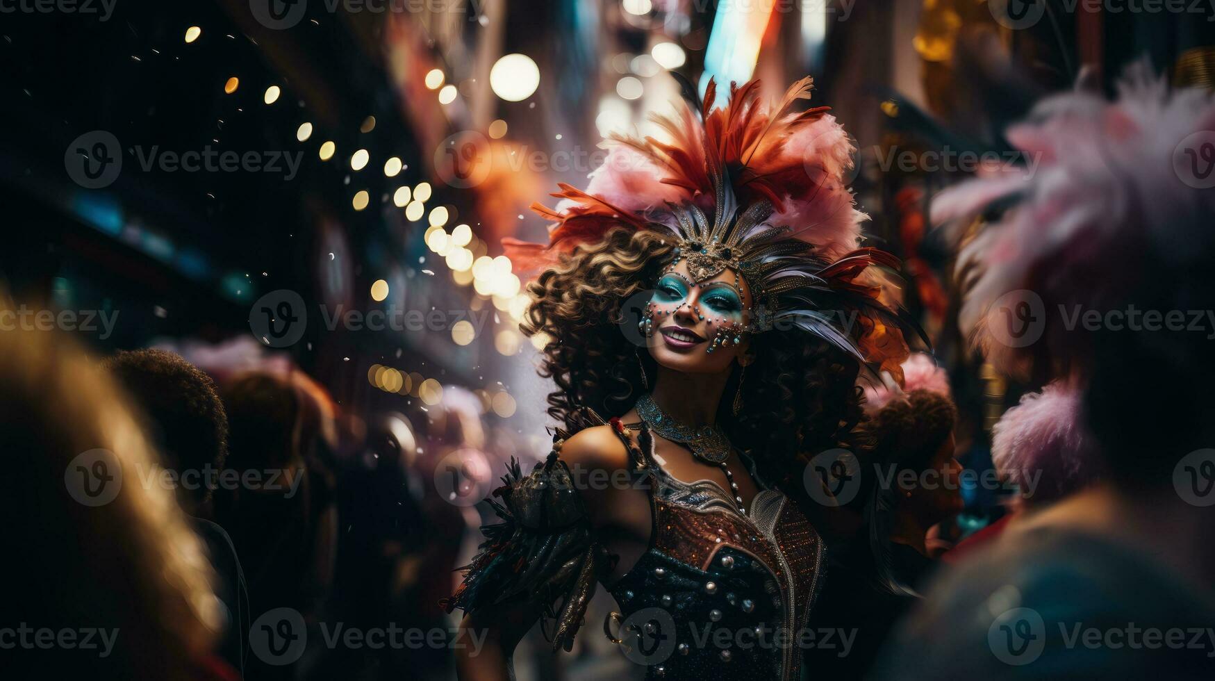 AI generated A person wearing a glittering carnival mask, half face visible, capturing the excitement and allure of the carnival, photo