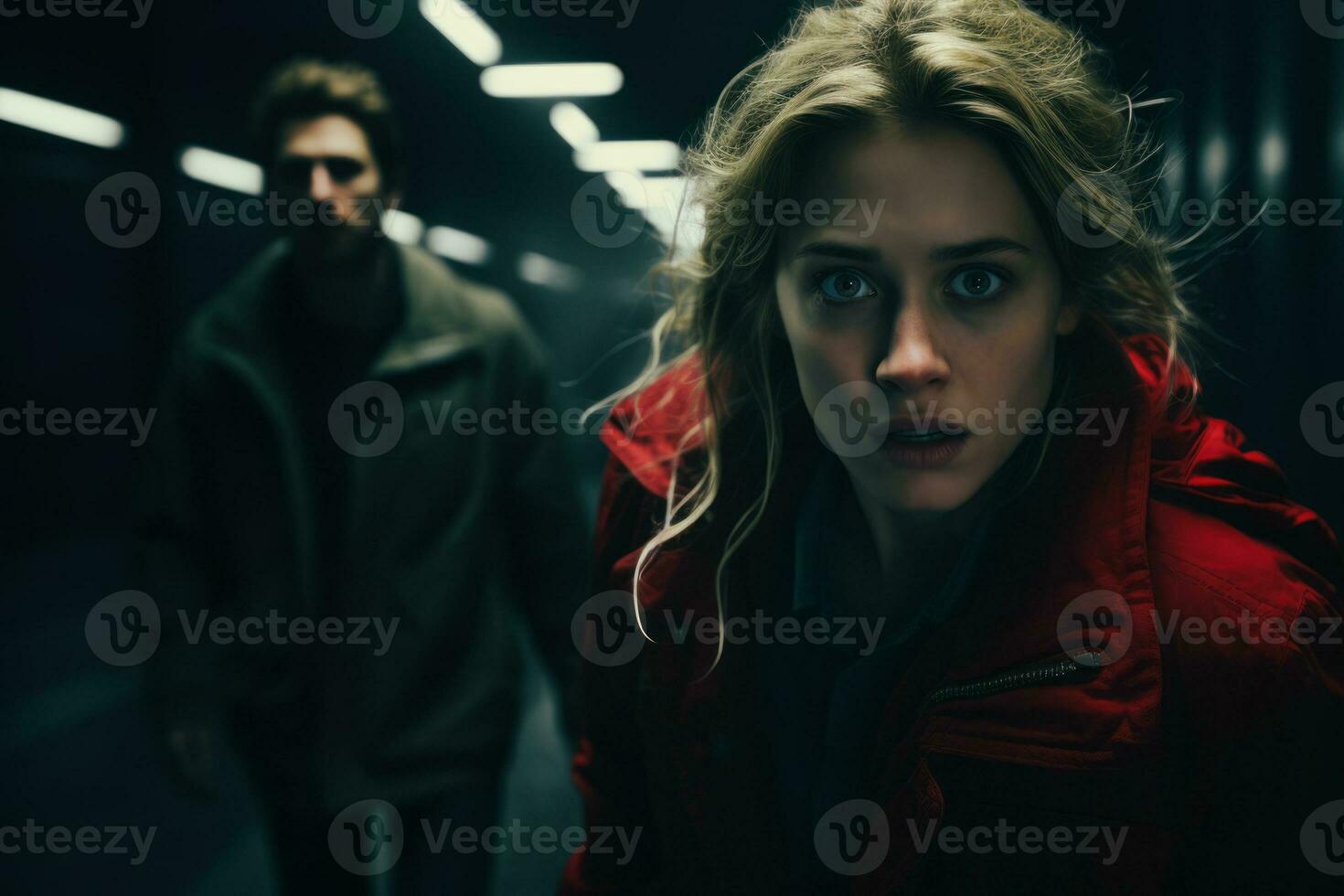 AI generated A terrified worried woman in a dark underground parking garage being followed by a strange mysterious man. photo