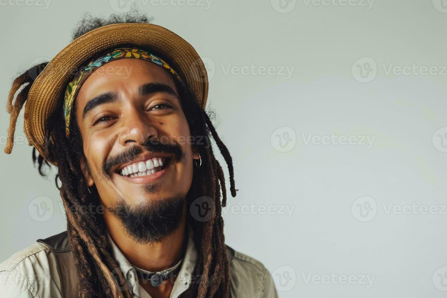 AI generated A bright and engaging studio portrait of a young Afro American rasta male model, showcasing a joyful smile , casual yet stylish attire photo