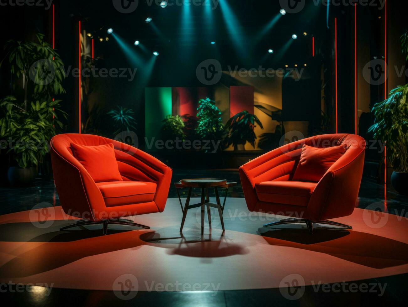 AI generated A TV studio set ready for an interview, elegant chairs and backdrop, professional lighting highlighting the set. photo